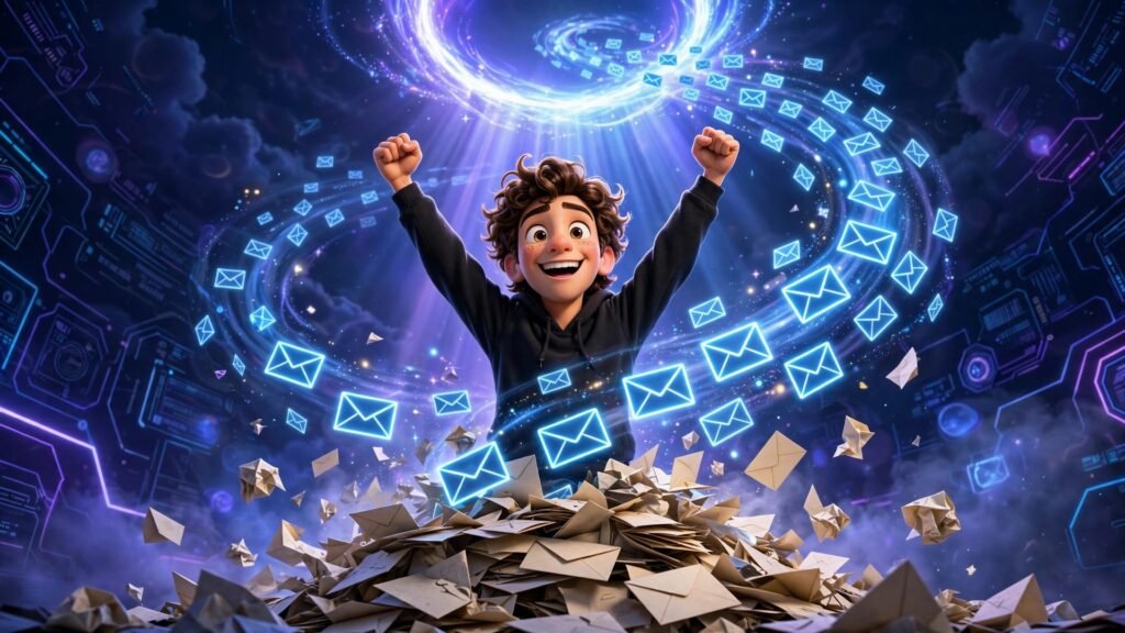 How to Use Inbox Zero AI for Beginners - 3D mascot clearing a whirlwind of emails