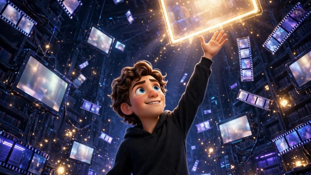 Jockey AI beginner guide: 3D Pixar-style character reaching toward a glowing video frame in a digital archive hall