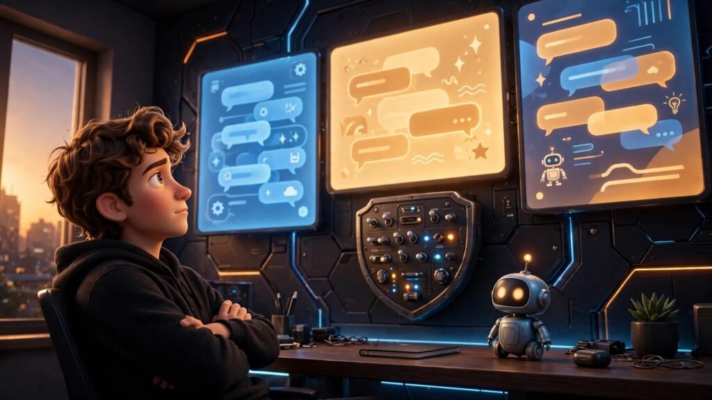 How to use Kin AI for beginners - mascot observing AI assistant screens with a shield control panel
