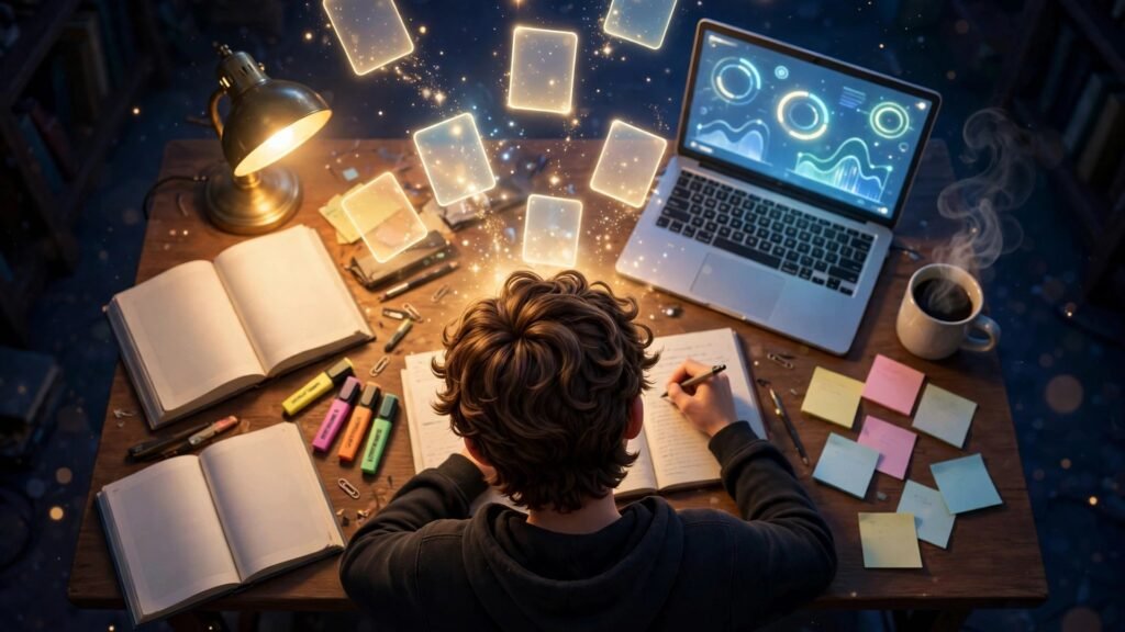 Student studying at night desk with AI-generated glowing flashcards — Knowt AI beginner guide