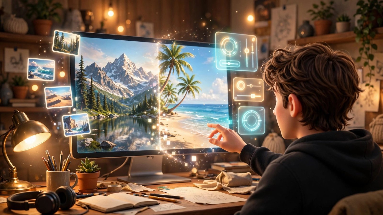 3D Pixar-style young man editing a photo over his shoulder in Krea 3 AI