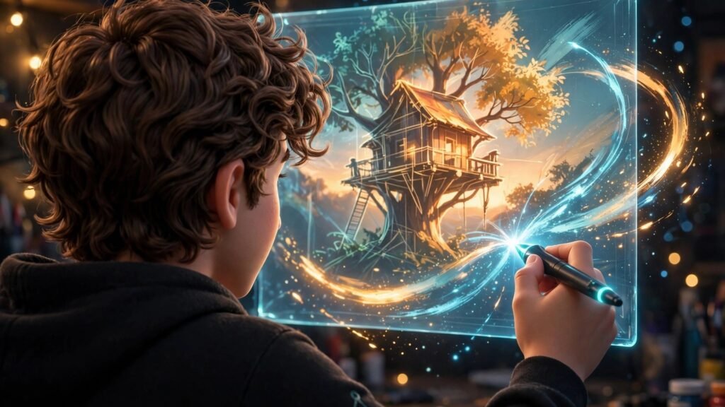 How to use Krea AI for beginners - over-the-shoulder view of young man painting on a glowing real-time AI canvas