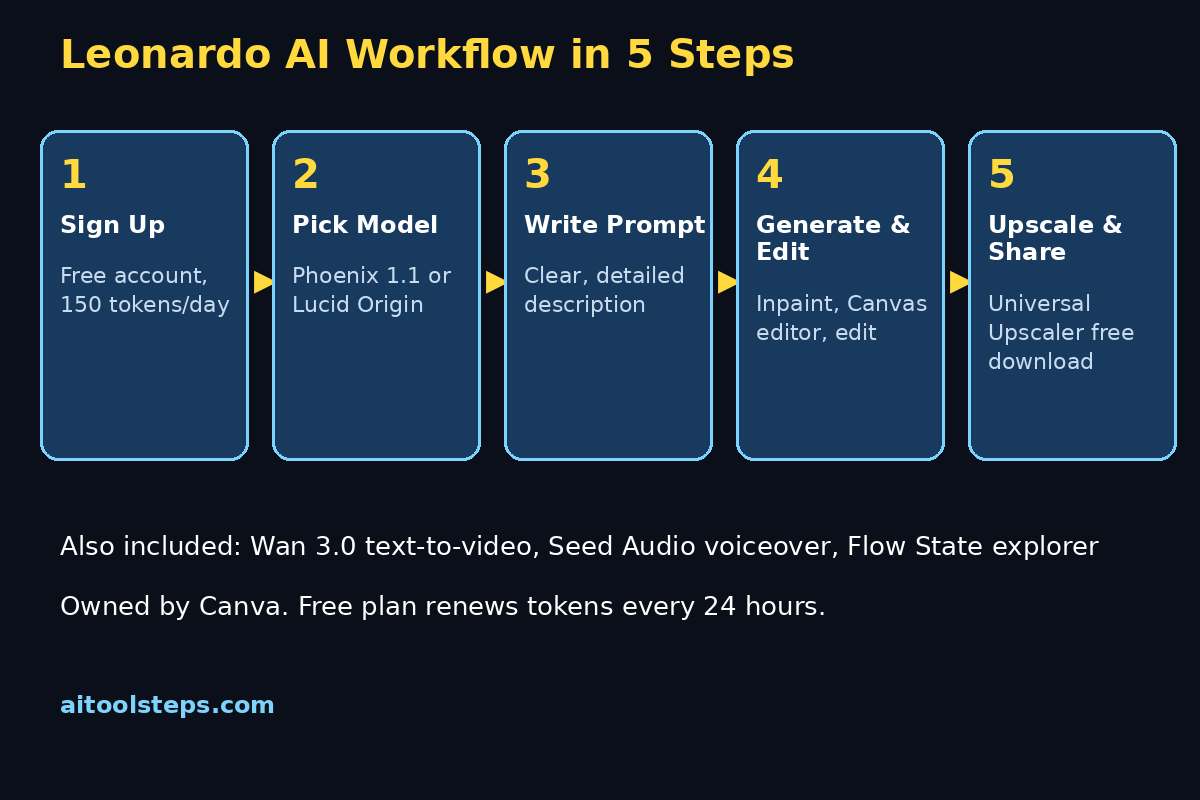 Leonardo AI Workflow in 5 Steps: Sign Up, Pick Model, Write Prompt, Generate and Edit, Upscale and Share