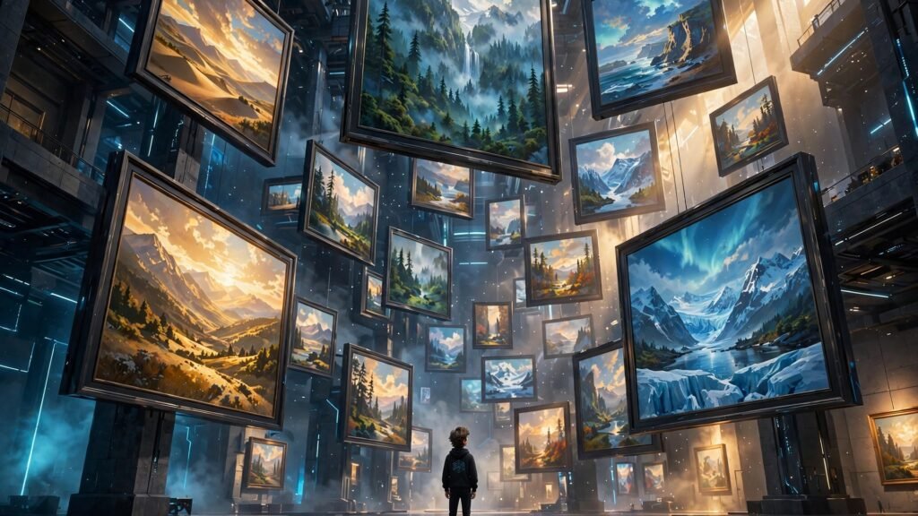 Leonardo AI featured image: 3D character in grand digital art gallery, wide shot