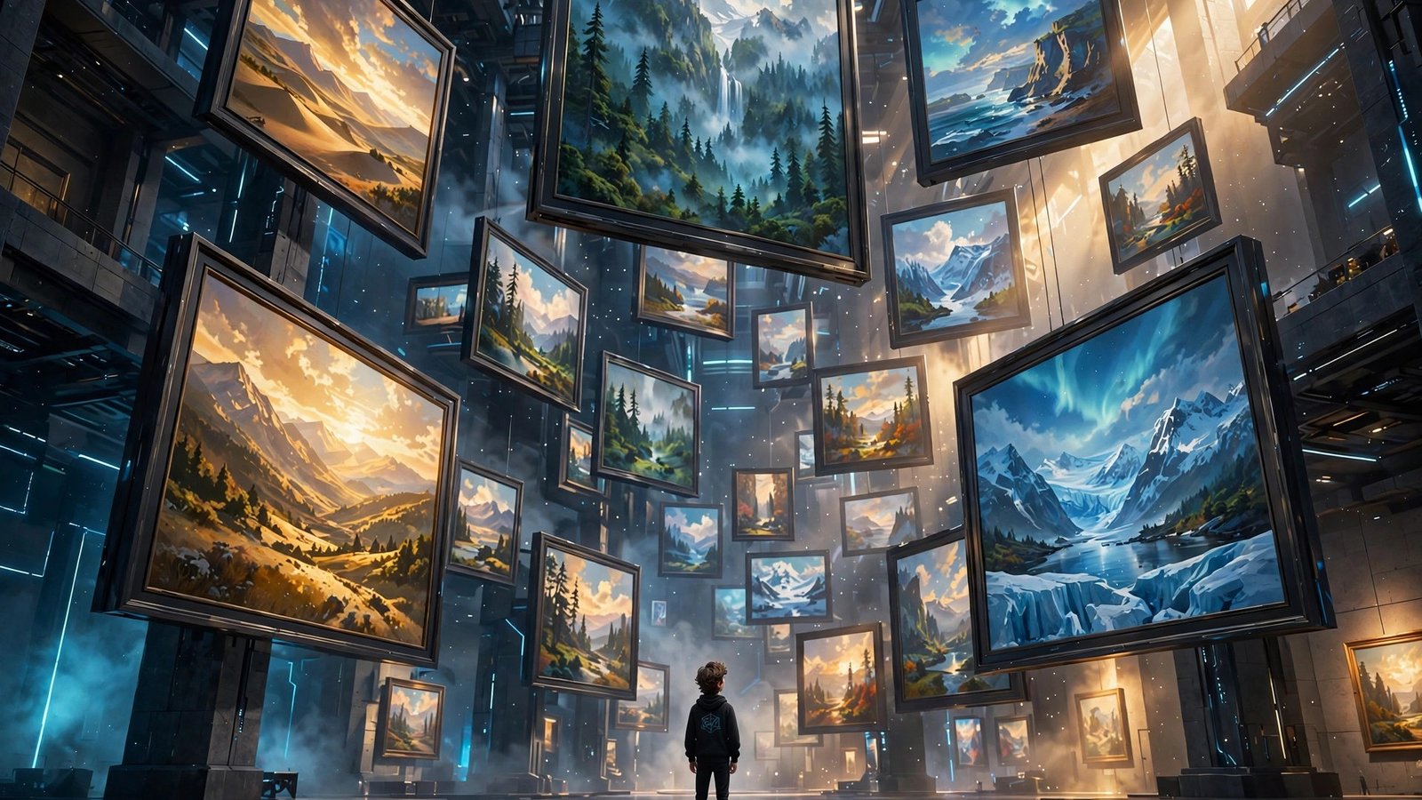 Leonardo AI featured image: 3D character in grand digital art gallery, wide shot