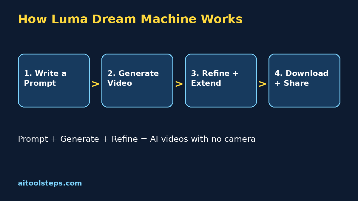 Luma Dream Machine AI for beginners workflow diagram showing prompt generate refine and download steps