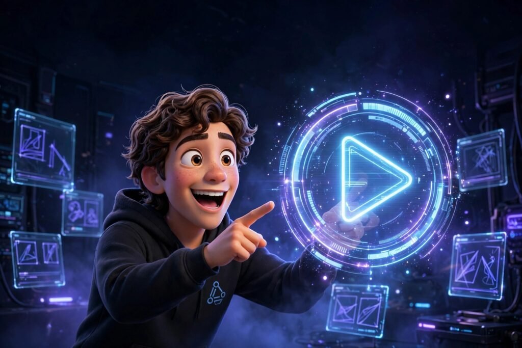 How to use Lumen5 for beginners - 3D Pixar-style character pointing at a glowing video play-button hologram