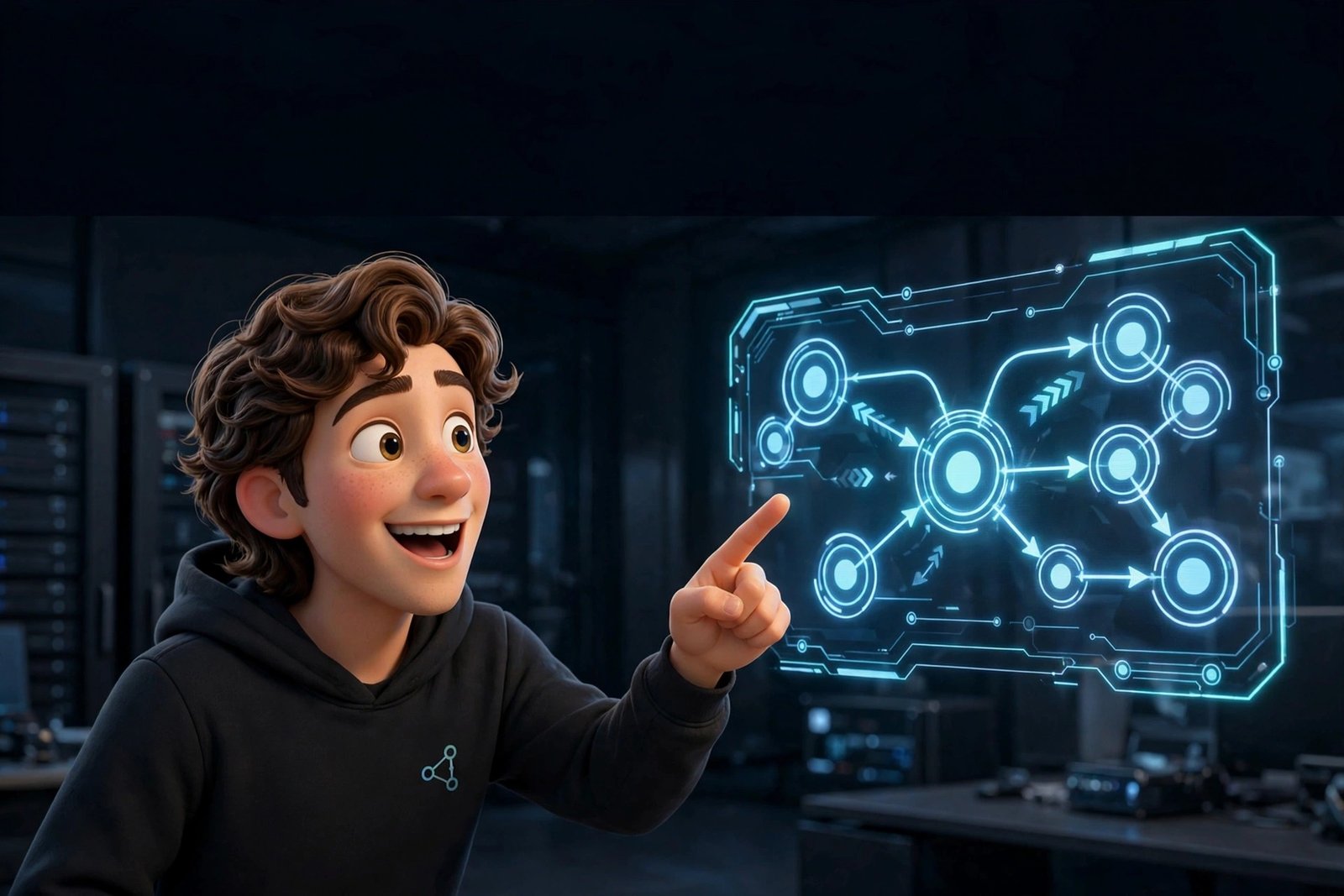 How to use Make AI for beginners - 3D character pointing at a holographic workflow automation diagram