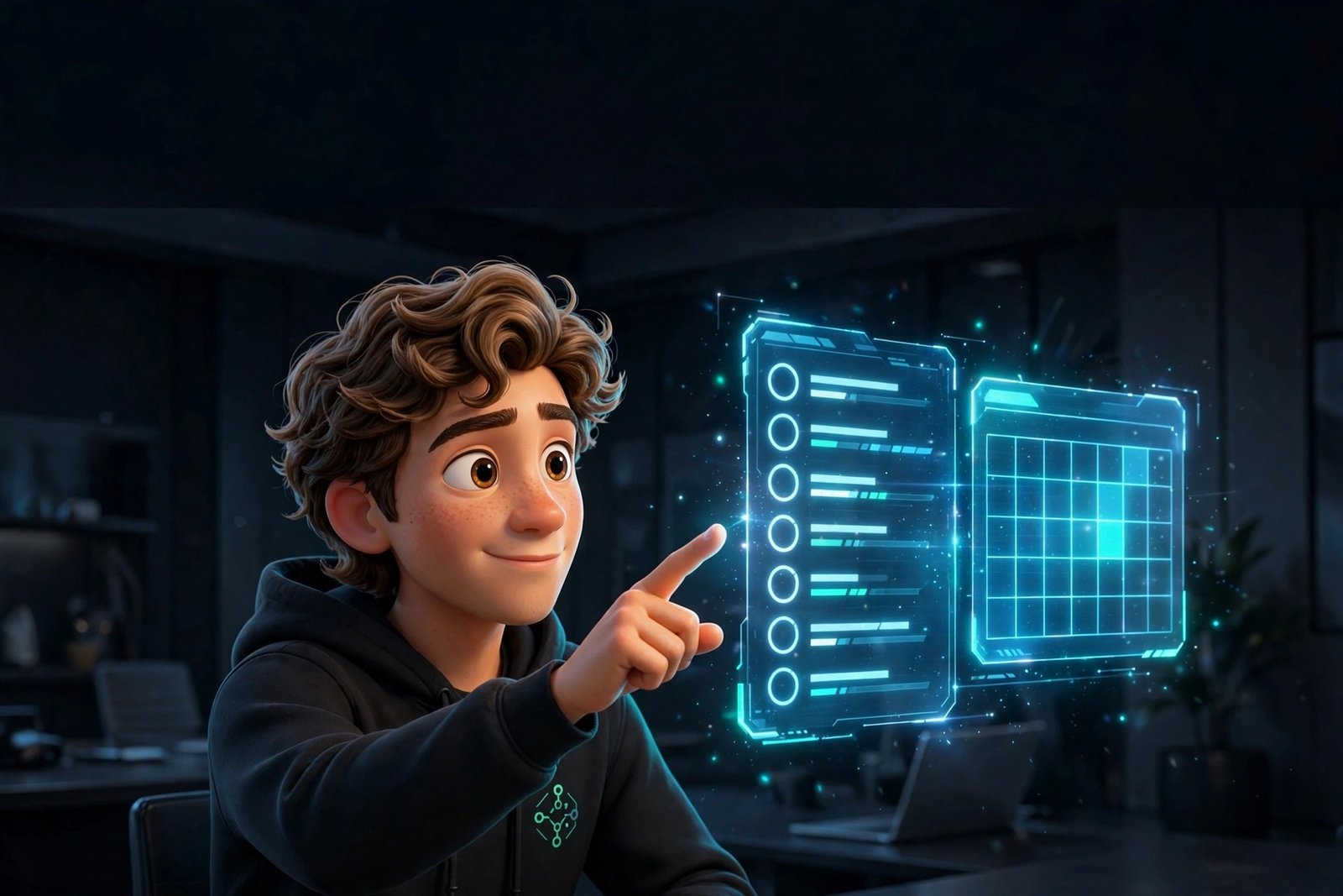 3D Pixar-style character pointing at a glowing holographic task list - Manus AI beginner guide