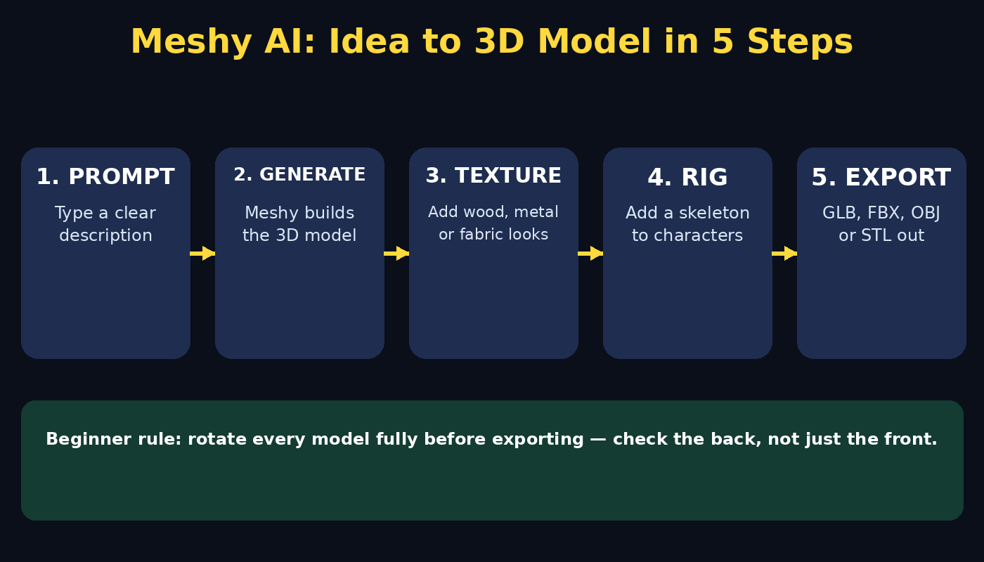 Meshy AI workflow diagram: prompt or photo to 3D model, texture, rig, export