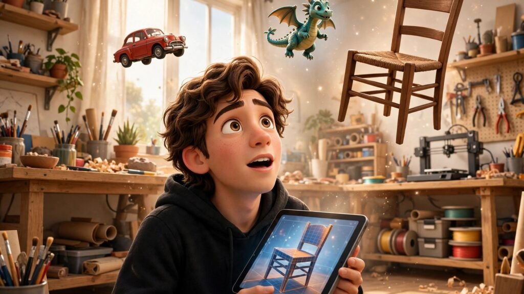 How to Use Meshy AI for Beginners - 3D Pixar-style character in a workshop looking up at floating 3D models