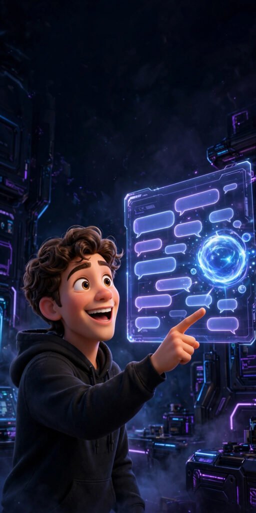 3D cartoon young man using Microsoft Copilot AI assistant with holographic chat interface