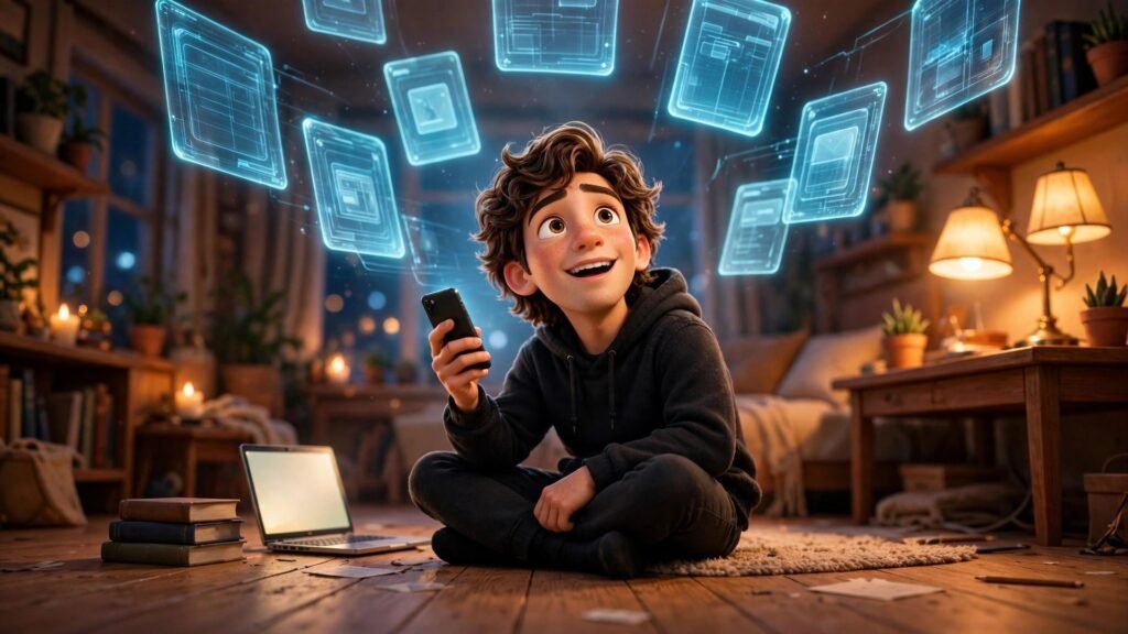 MindDory AI beginner guide - 3D Pixar style mascot sitting cross-legged on floor holding phone under floating holographic vocabulary flashcards
