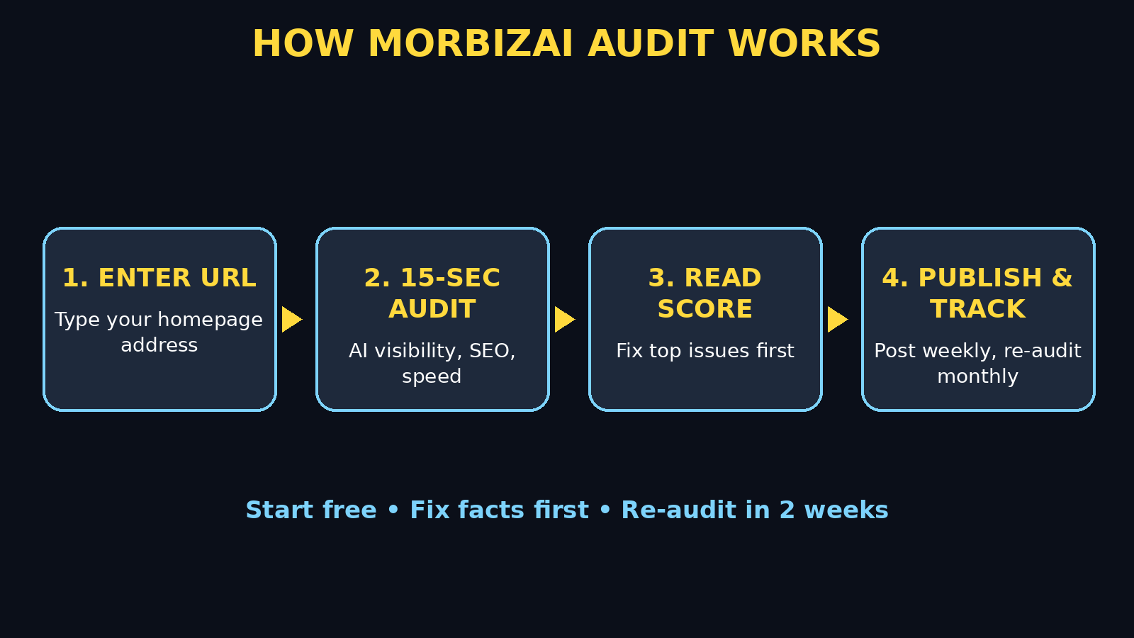 MorBizAI audit workflow: enter URL, run the 15-second audit, read your score, then publish and track