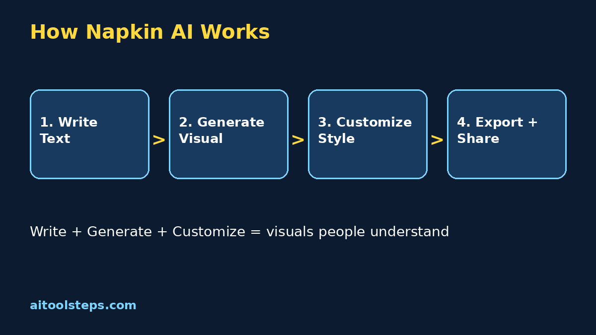 Napkin AI for beginners workflow diagram showing write generate customize and export steps