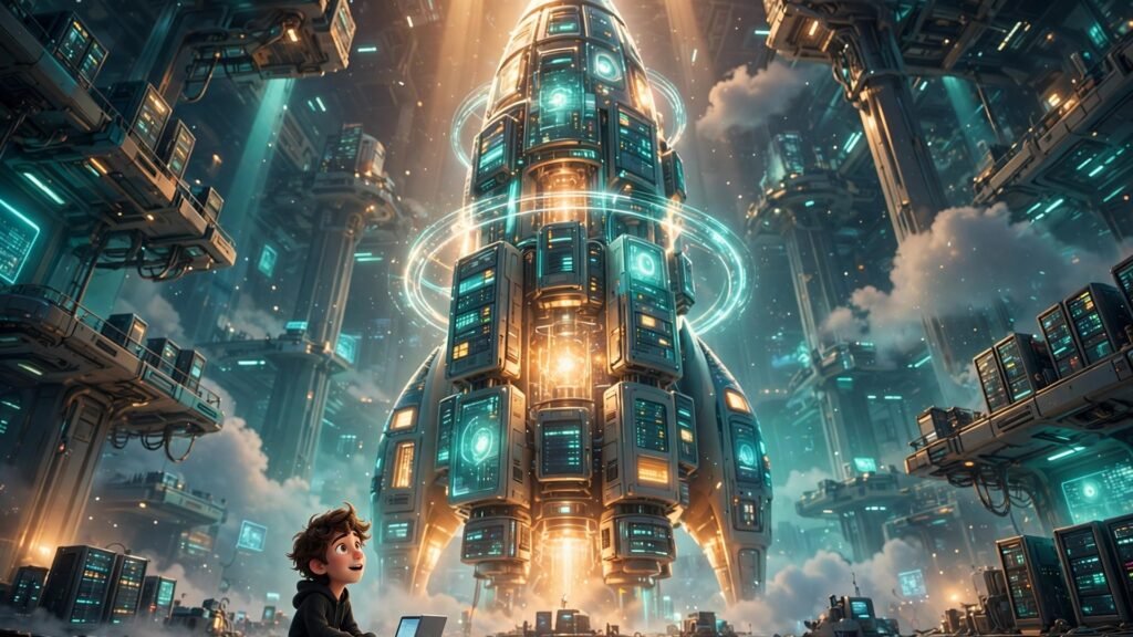 Nebius AI Builder beginner guide - 3D Pixar style mascot sitting small in a vast futuristic cloud data hall, looking up at a giant glowing rocket-shaped AI core