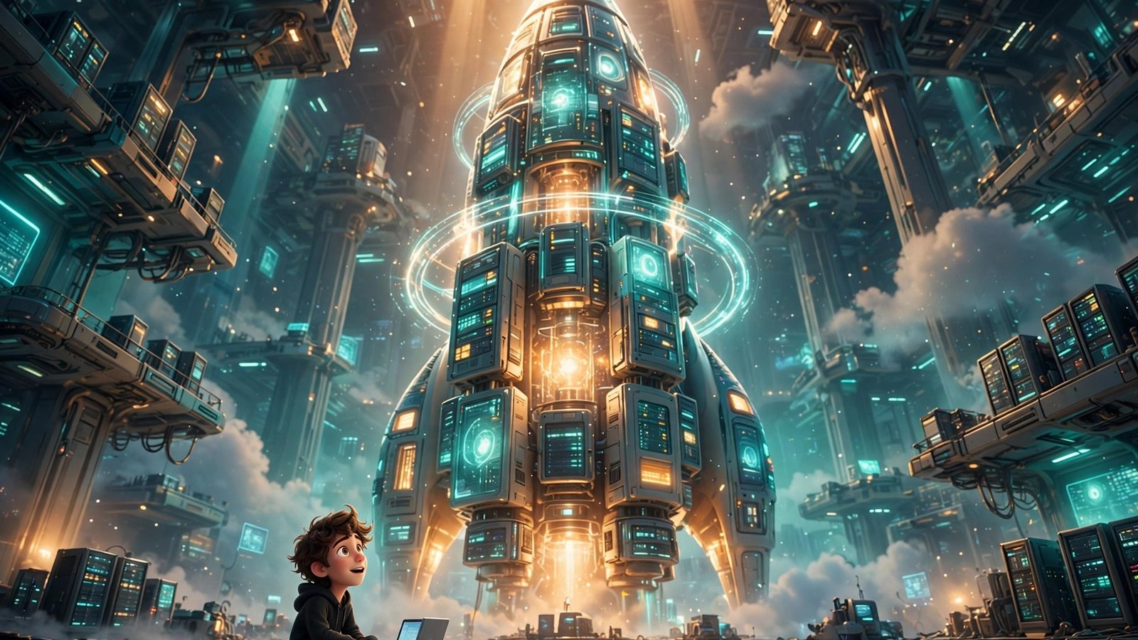 Nebius AI Builder beginner guide - 3D Pixar style mascot sitting small in a vast futuristic cloud data hall, looking up at a giant glowing rocket-shaped AI core