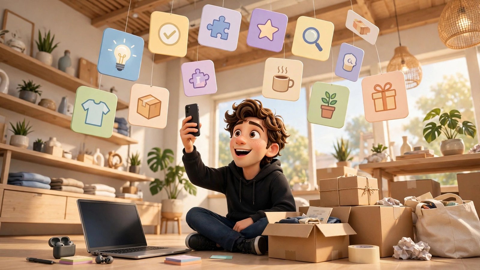 Octane AI Phoenix beginner guide - 3D Pixar style mascot low-angle sitting on floor holding phone under floating quiz cards