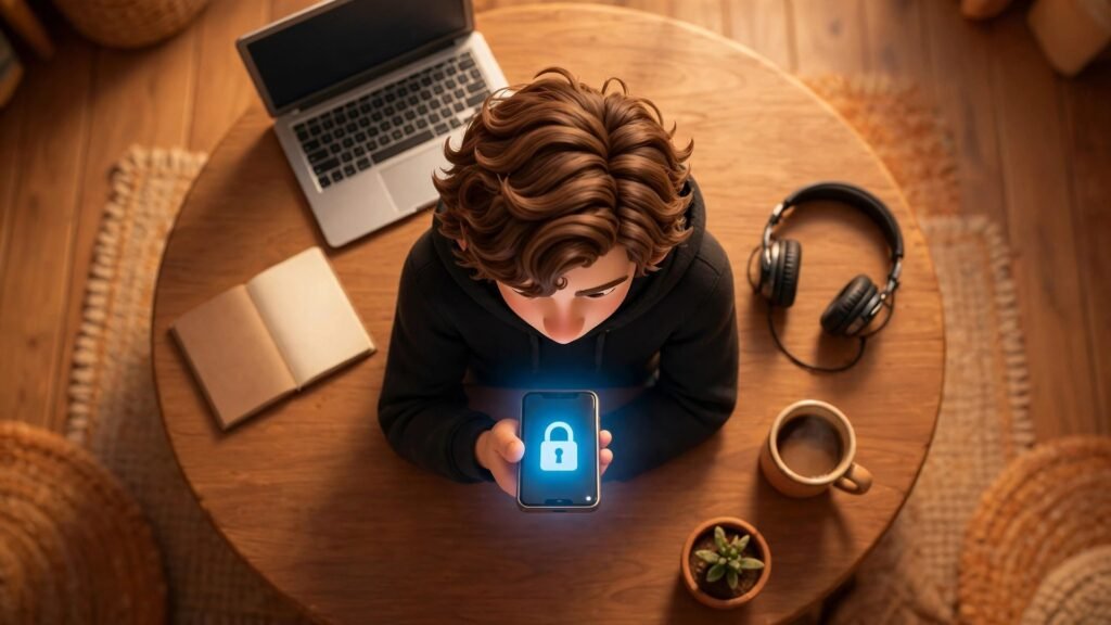 Off Grid AI beginner guide - 3D Pixar style mascot top-down view at a desk with a glowing padlock phone, laptop and notebook