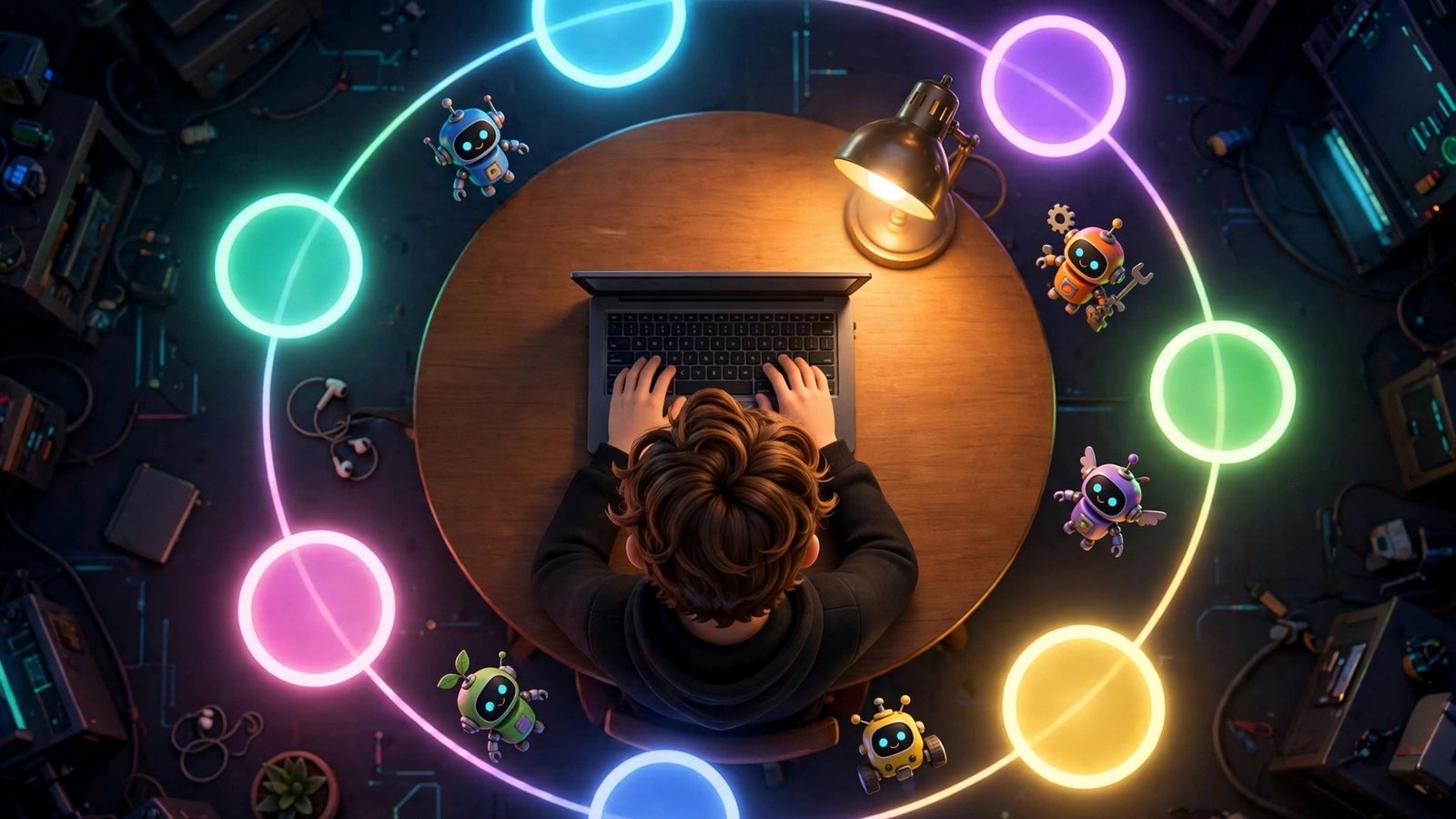 OpenAI Dots AI beginner guide - top-down 3D Pixar style mascot at a round desk with orbiting robot helper task cards