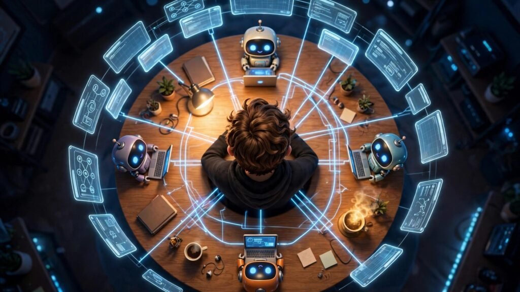 OpenBot AI beginners guide — 3D illustration of a young man with his team of AI robot agents