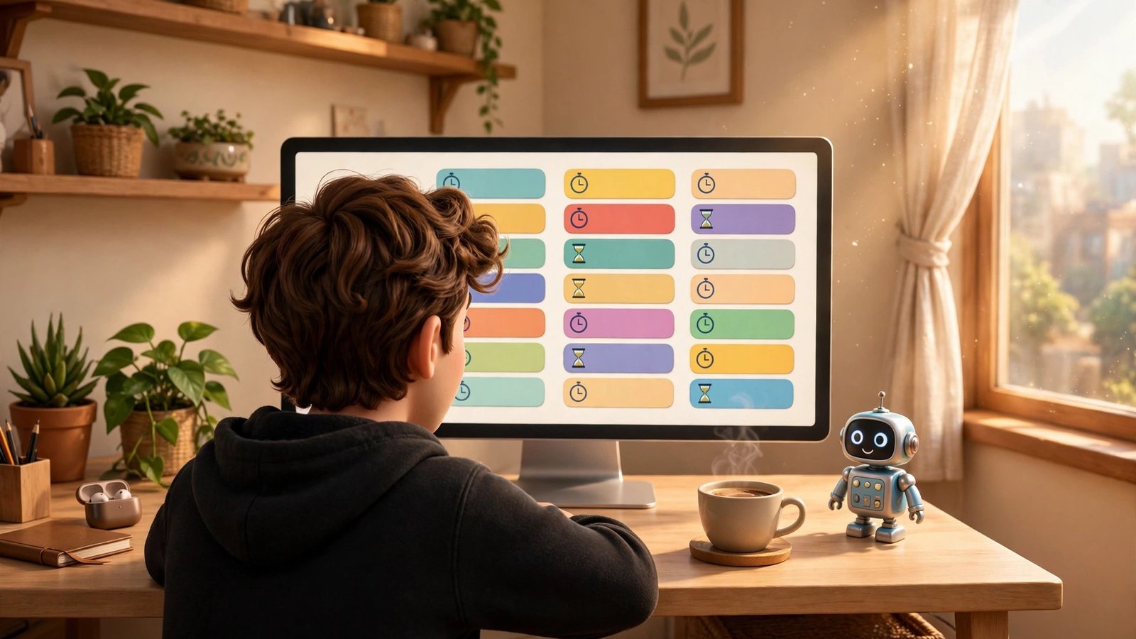 OptimusDesk AI beginner guide - 3D Pixar style mascot seen over the shoulder at a desk working on a colorful task board with a small robot assistant