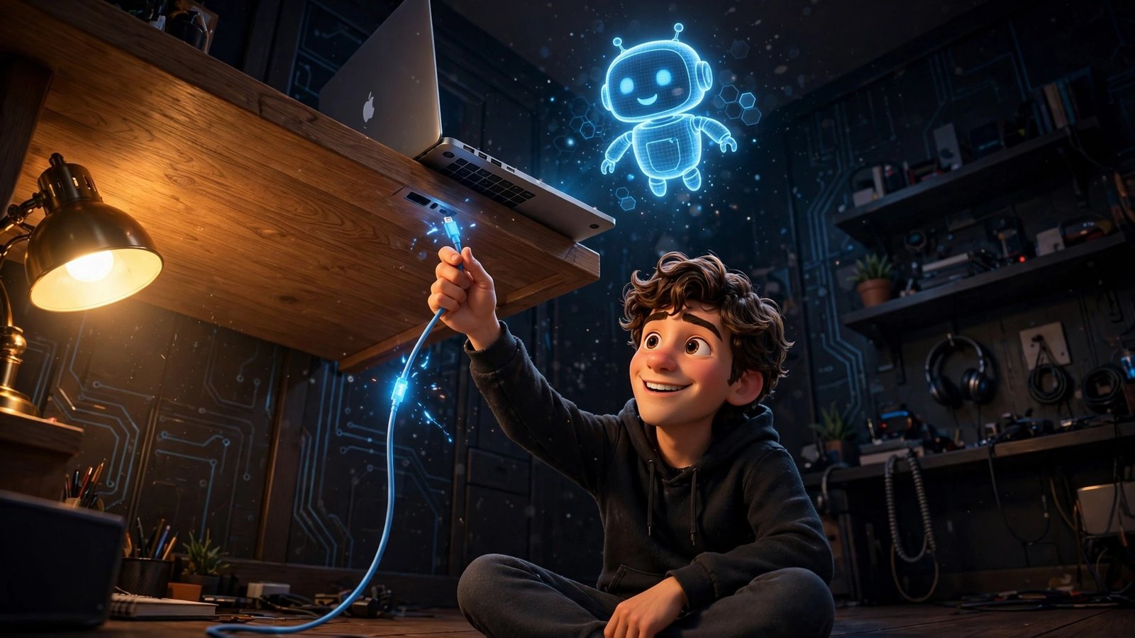 3D Pixar-style illustration: young man unplugging a glowing cable from a MacBook with a robot hologram, representing Perplexity Computer local offline mode