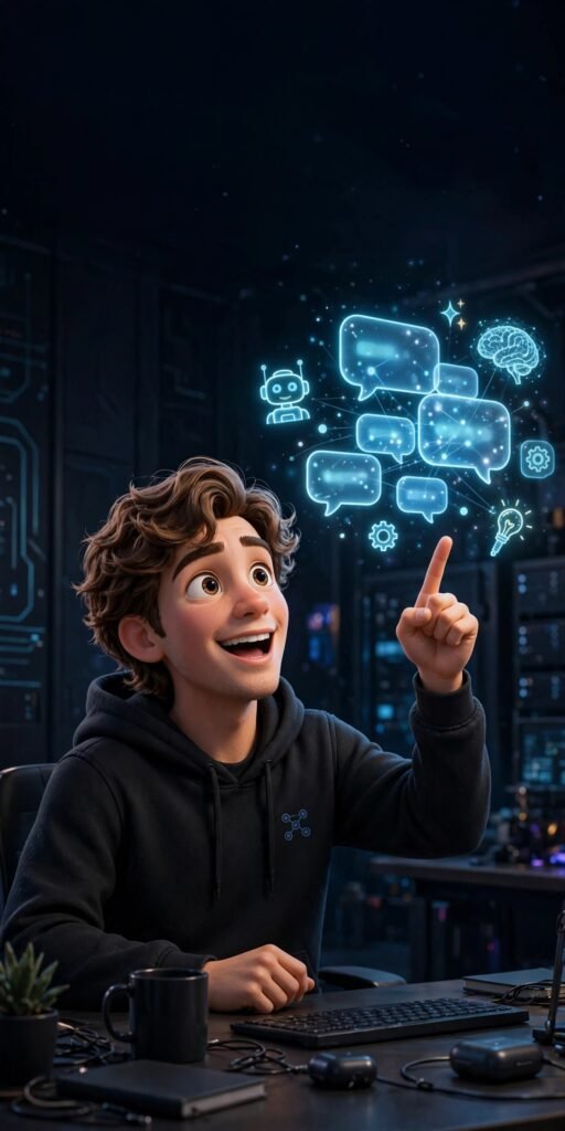 How to use Poe AI for beginners - 3D character pointing at holographic chat bubbles with many AI models