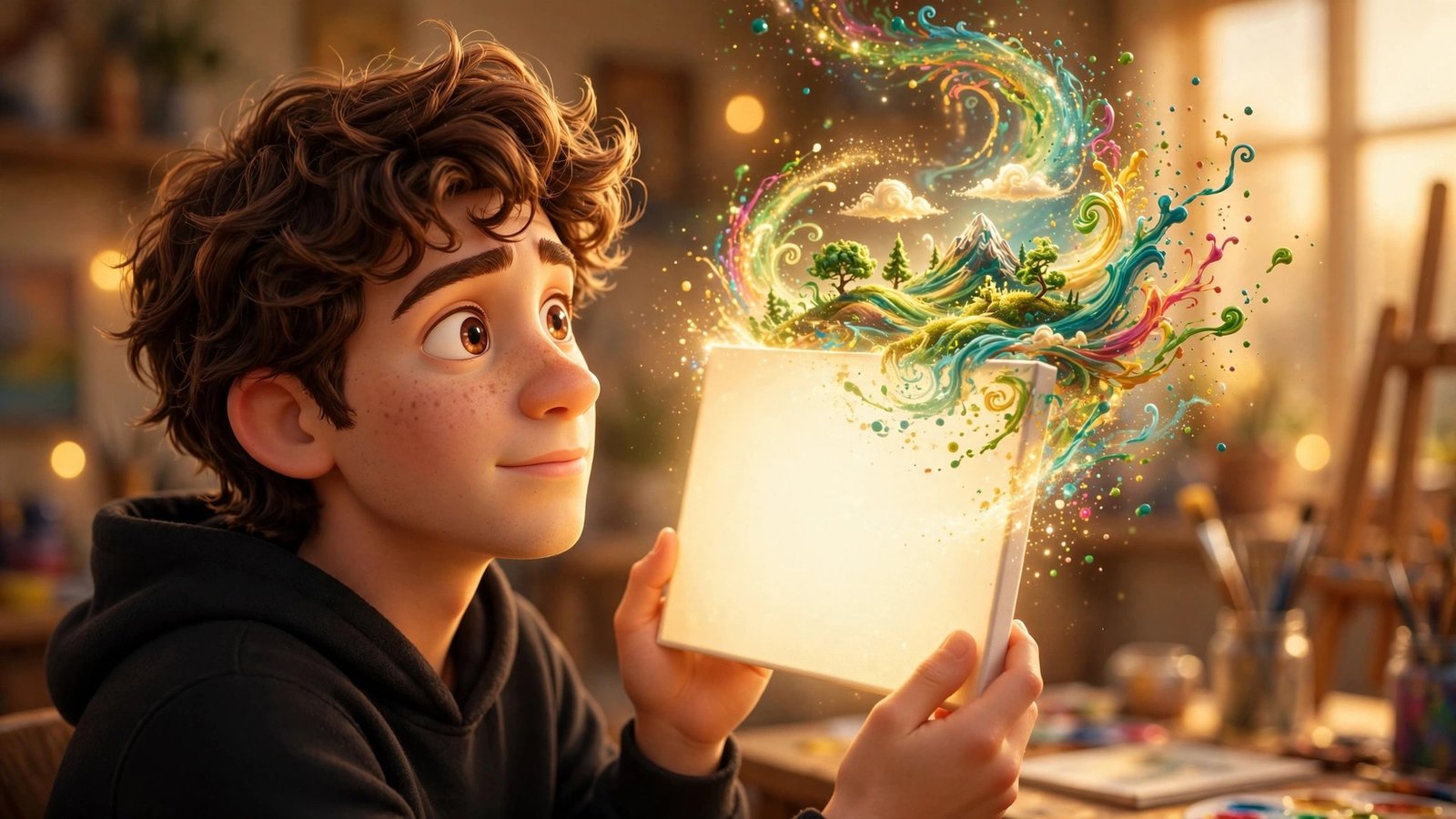 Qwen Image AI featured image: 3D character holding a glowing canvas with paint-light landscape