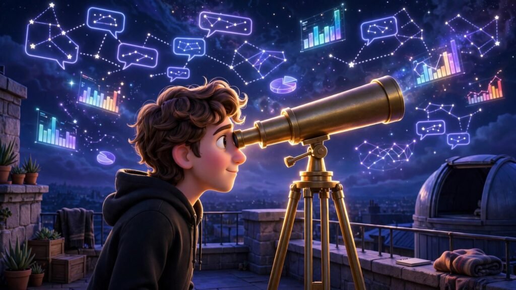 3D Pixar-style young man with a telescope observing glowing chat bubbles and data charts in the night sky - ReSO AI brand visibility guide