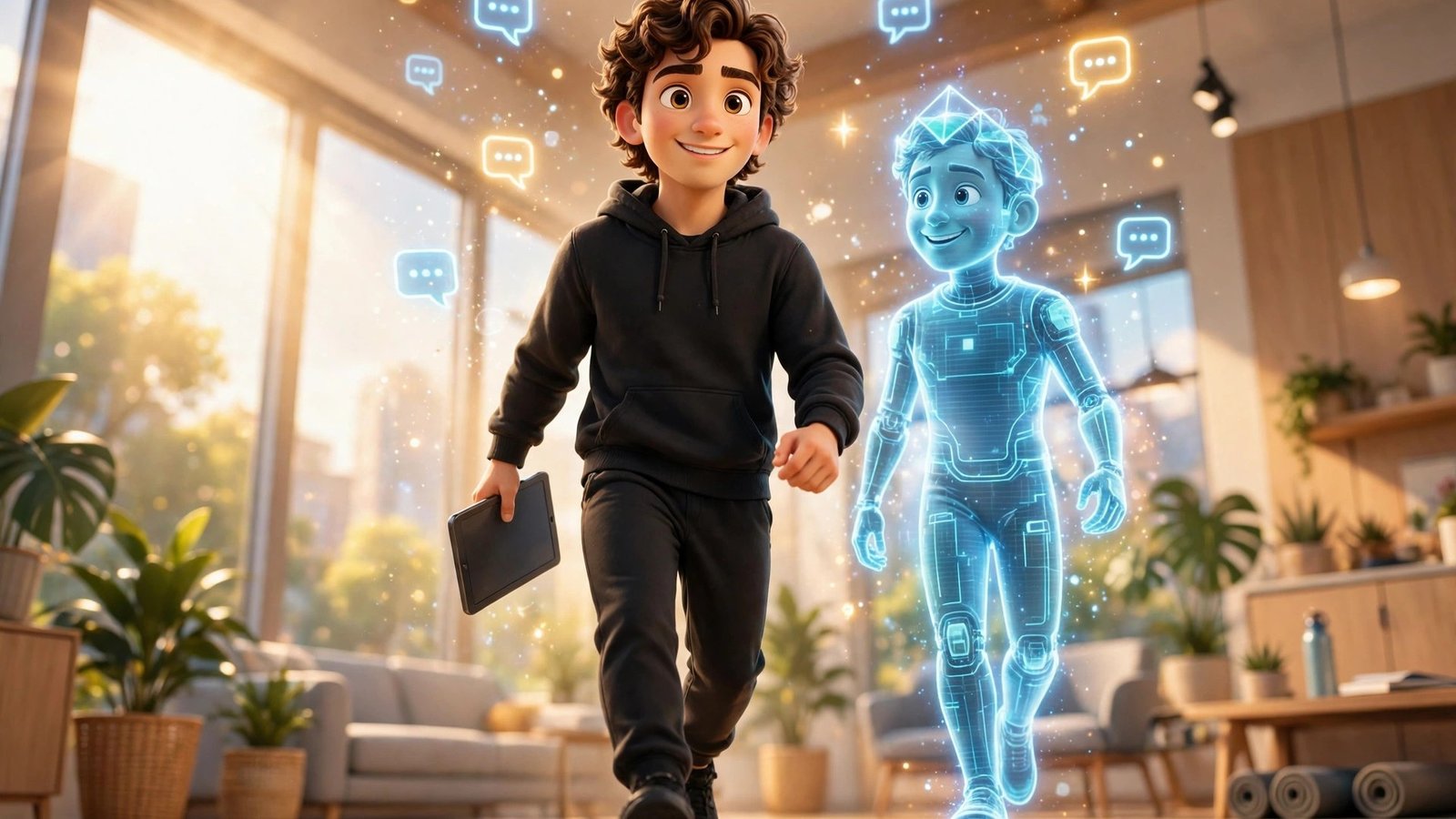 Rumi AI beginner guide - 3D Pixar style mascot walking with a glowing AI coach hologram in a bright coaching studio