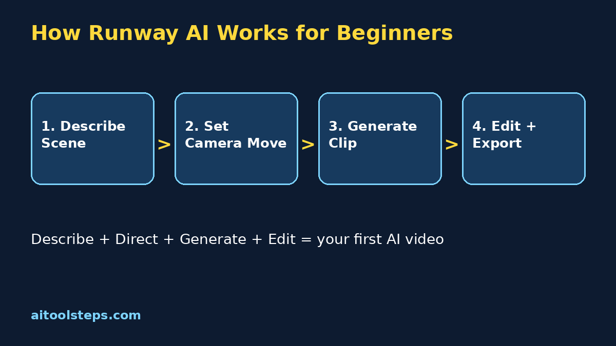 Runway AI for beginners workflow diagram showing describe generate review and edit steps