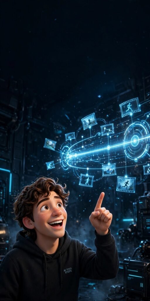 3D Pixar-style character pointing at a glowing holographic video timeline - Runway AI beginner guide