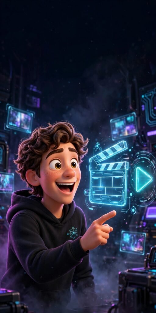 How to use Seedance AI for beginners - 3D Pixar-style character pointing at a glowing video hologram