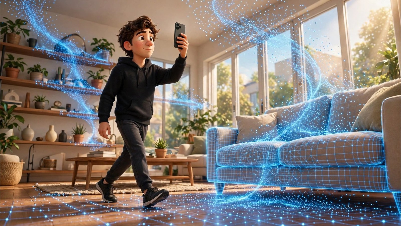How to use SpAItial Echo-3 AI for beginners - mascot scanning a living room into a 3D digital twin