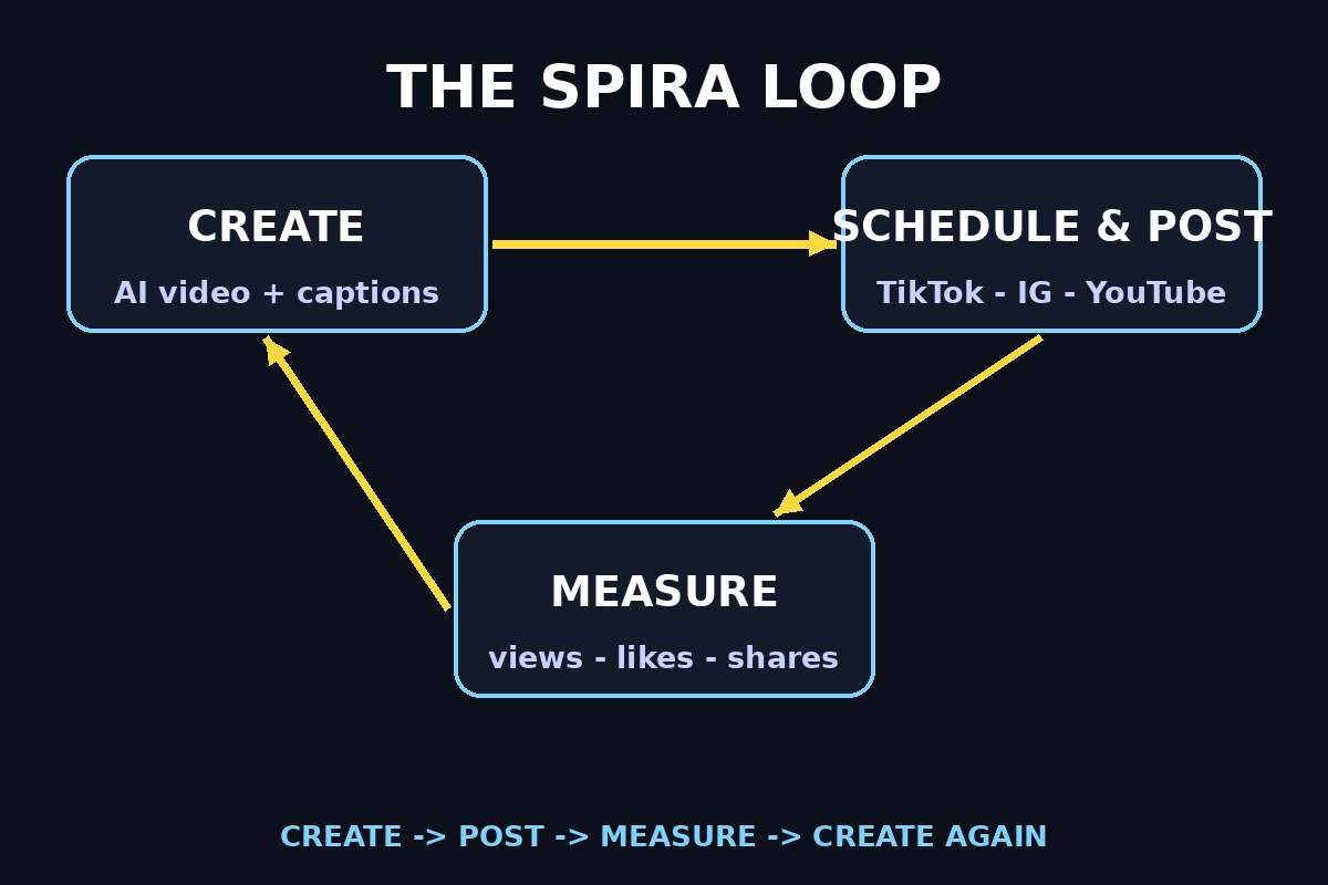 How Spira AI works: create content, schedule and post, track performance in a loop