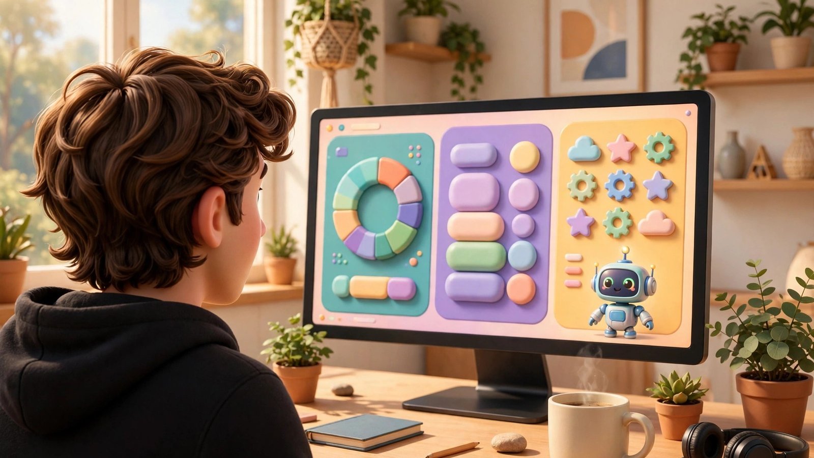 3D Pixar-style young man seen over the shoulder working at a computer with an AI browser workspace