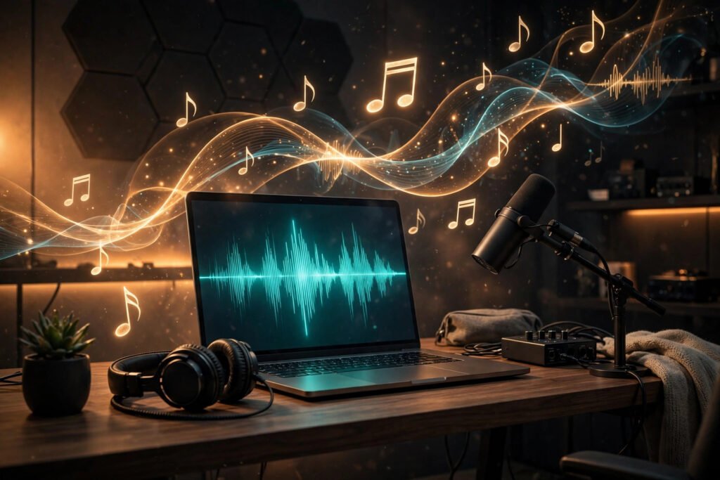 Person using Suno AI to create music on a laptop