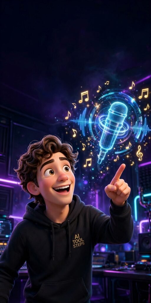 3D Pixar-style young man with brown wavy hair pointing at a holographic microphone — Suno Speech AI beginners guide