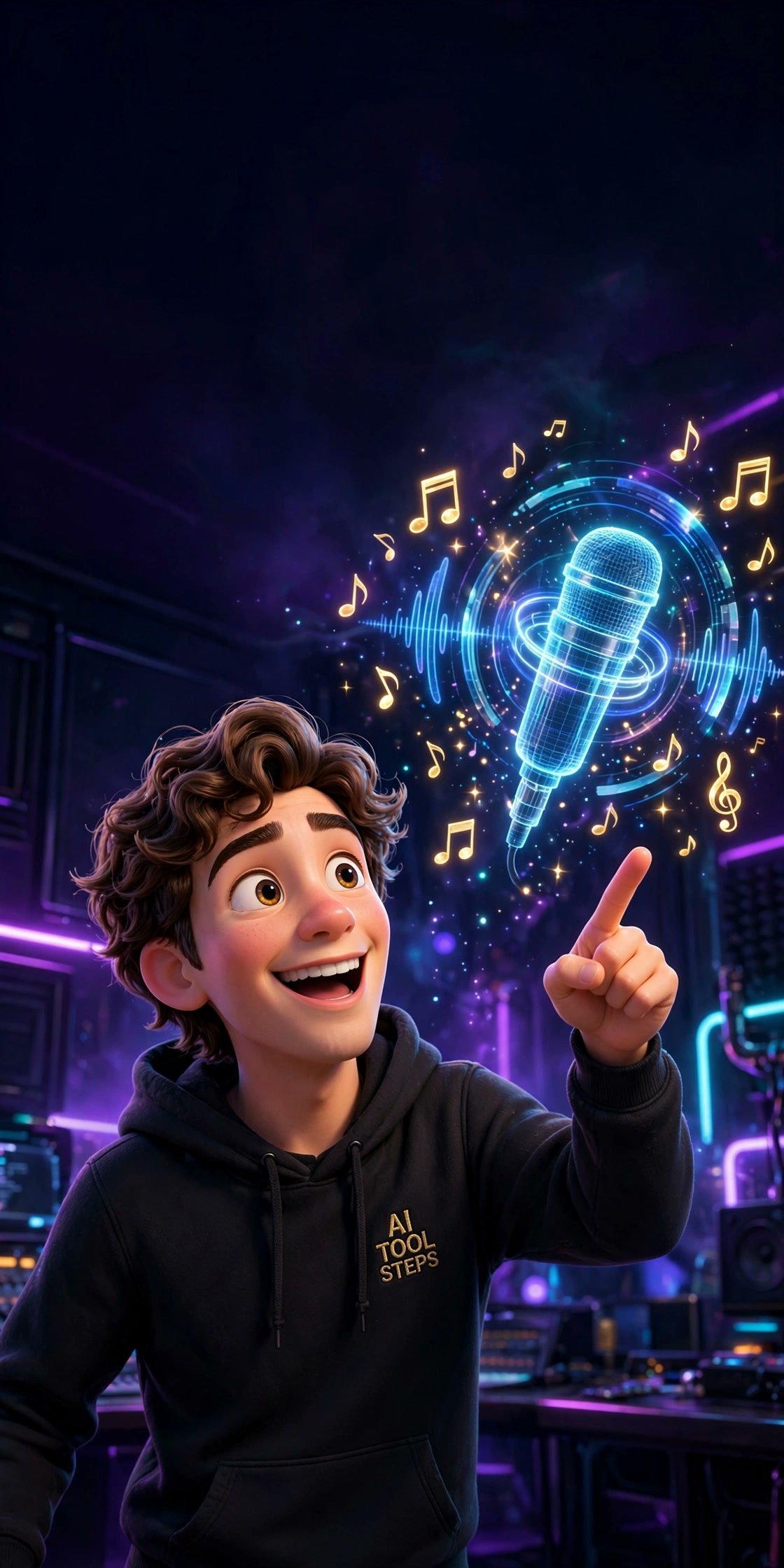 3D Pixar-style young man with brown wavy hair pointing at a holographic microphone — Suno Speech AI beginners guide