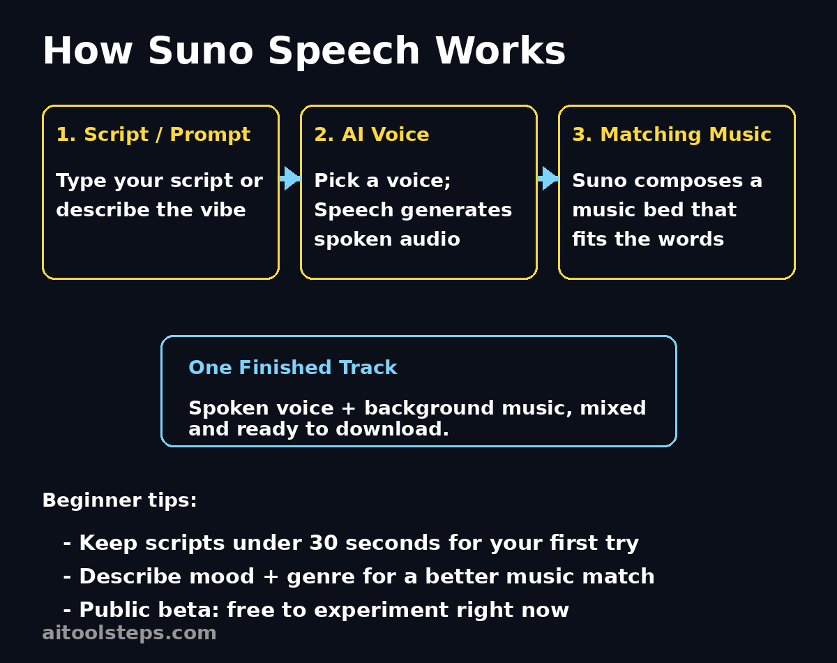 Suno Speech workflow diagram: script to voice and music in one track