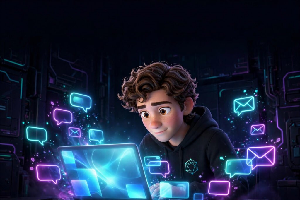 3D Pixar-style young man using Talanoa AI email client with chat-bubble email holograms