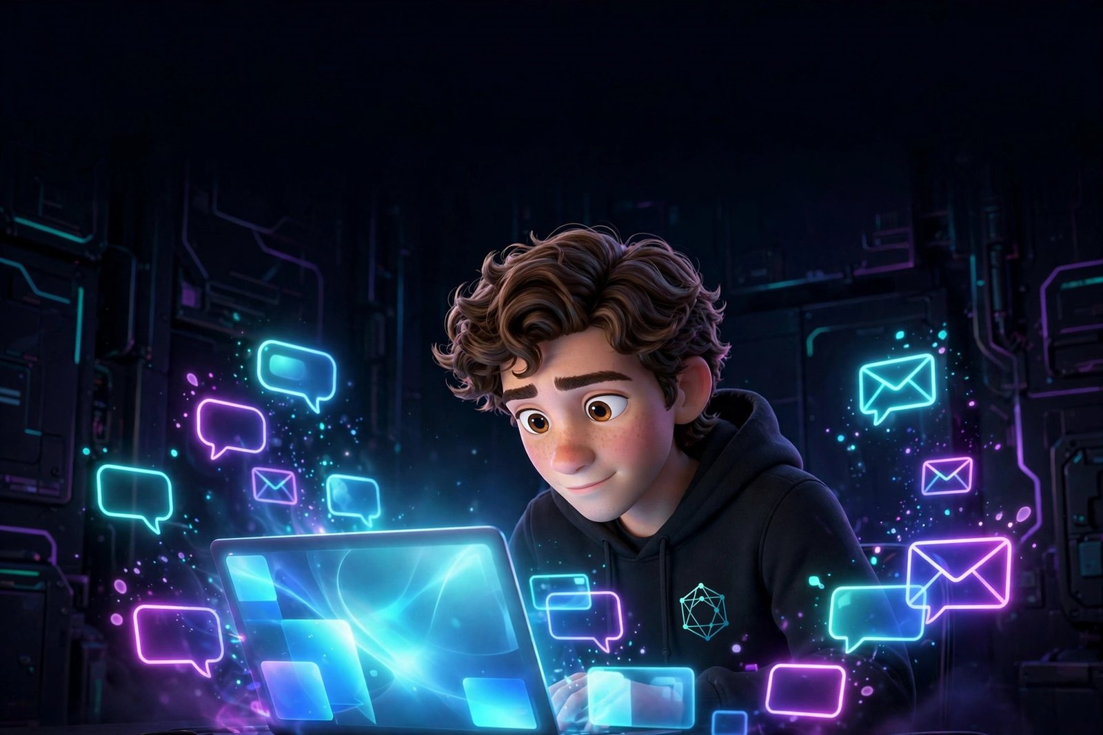 3D Pixar-style young man using Talanoa AI email client with chat-bubble email holograms