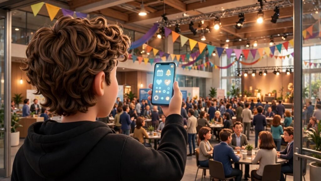 TopAgent AI beginner guide - 3D character holding a smartphone at a B2B conference event