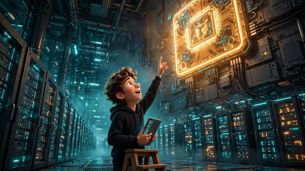 TorchNeuron AI beginner guide - 3D Pixar style mascot reaching toward a giant glowing computer chip in a data hall