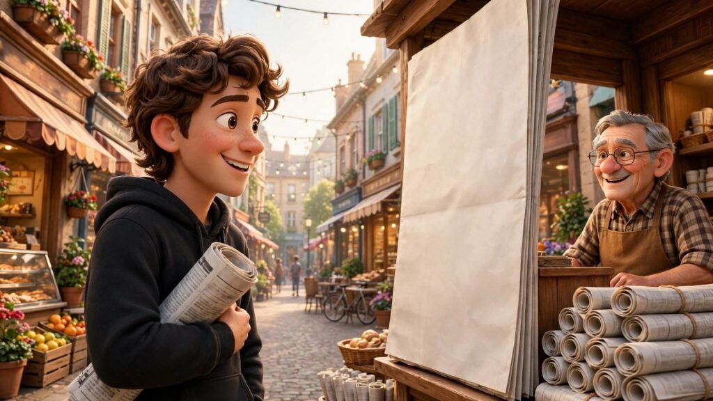 Toro AI beginner guide - 3D Pixar style mascot at a street newsstand holding a rolled newspaper, side profile