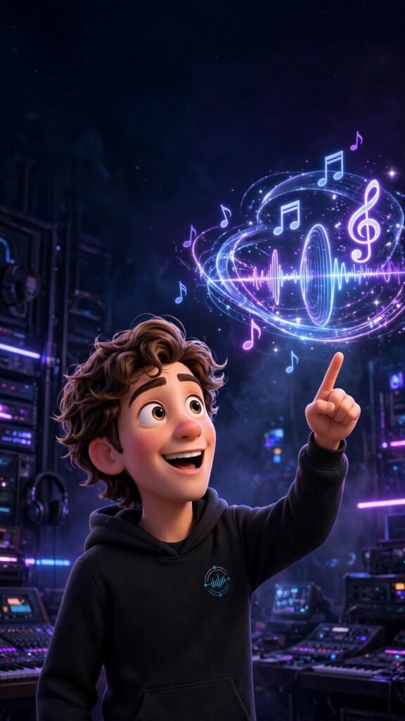 3D cartoon character creating music with Udio AI hologram