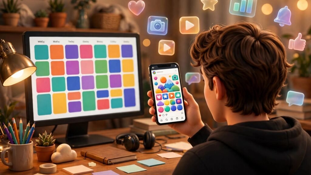 3D Pixar-style young man with headphones speaking into a studio microphone with glowing sound waves — VoiceStudio AI beginner guide featured image