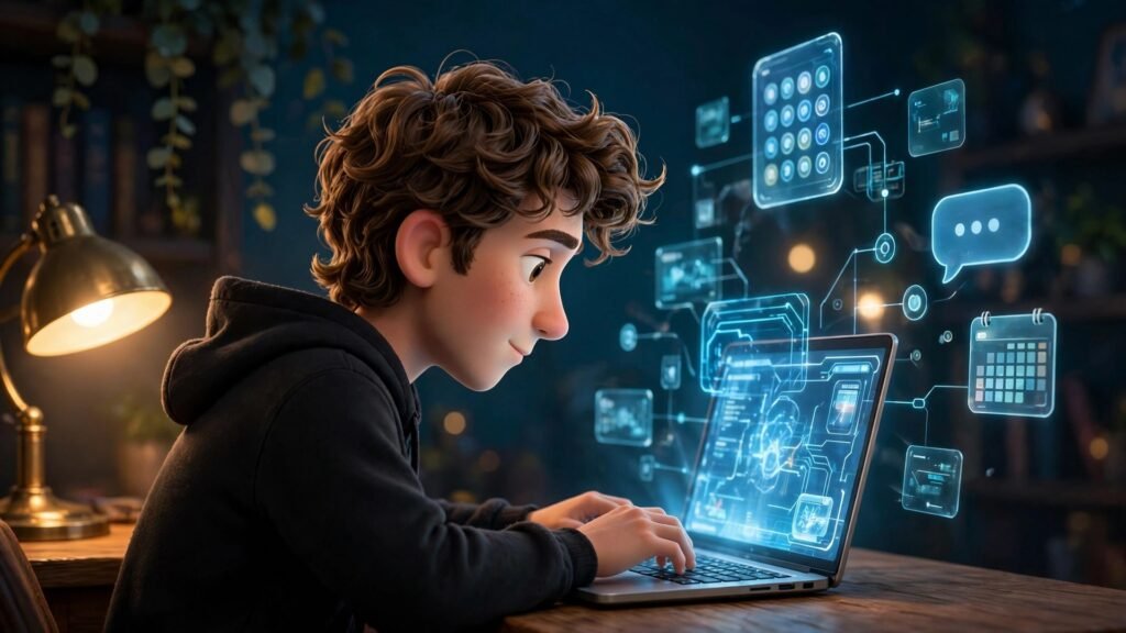 How to use Wabi AI for beginners - side view of a young man using the Wabi multiplayer AI assistant on a laptop