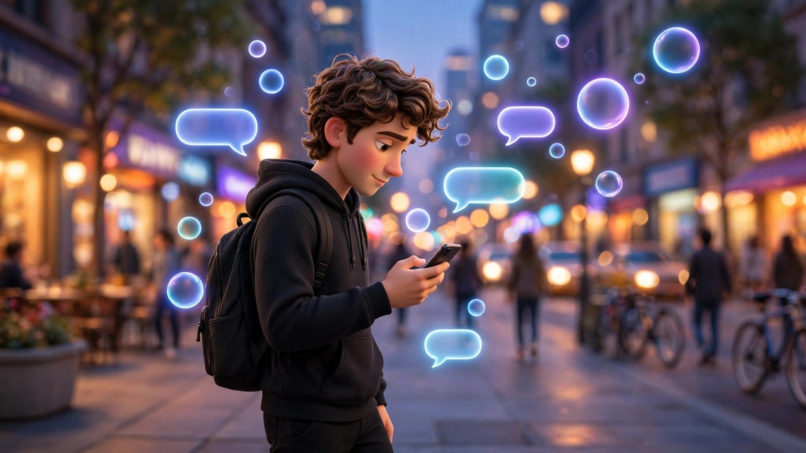 3D Pixar-style young man texting on a city street at dusk with glowing chat bubbles - Wajo Fo AI guide